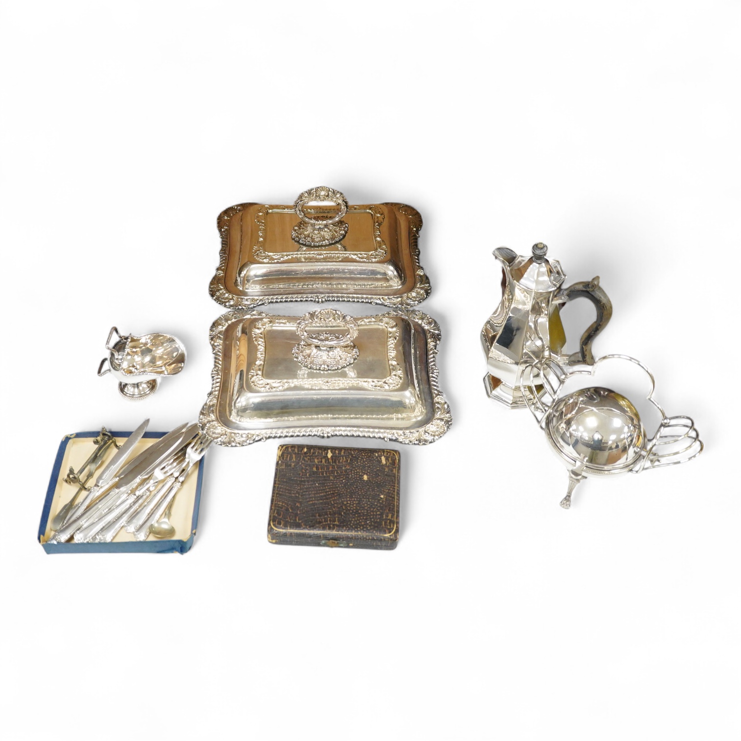 A quantity of plated wares to include two dishes and a cased set of six coffee bean spoons